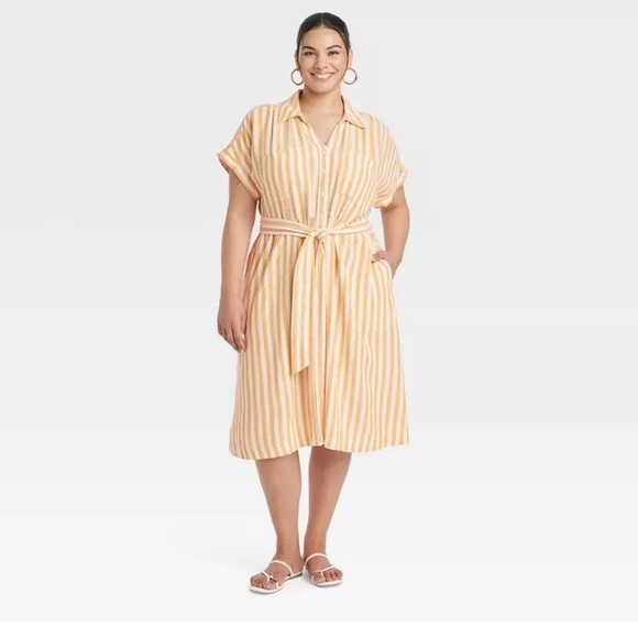 Ava & Viv Women's Short Sleeve Tie Front Midi Shirtdress Yellow White Striped 3X - Picture 1 of 9